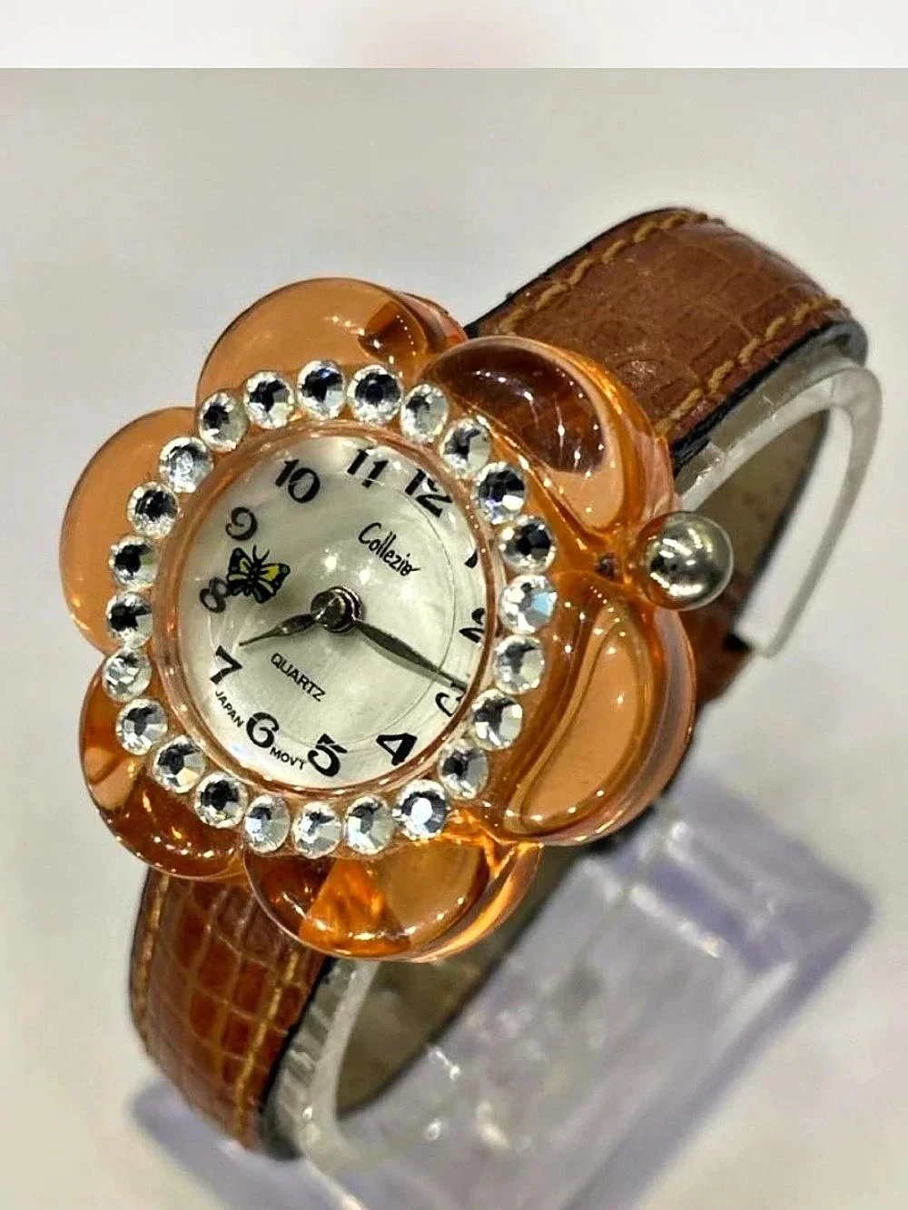 *** Collezio ^^^ Iced Flower Crystal Bezel Watch *** Rotating 🦋 Butterfly ^^^
